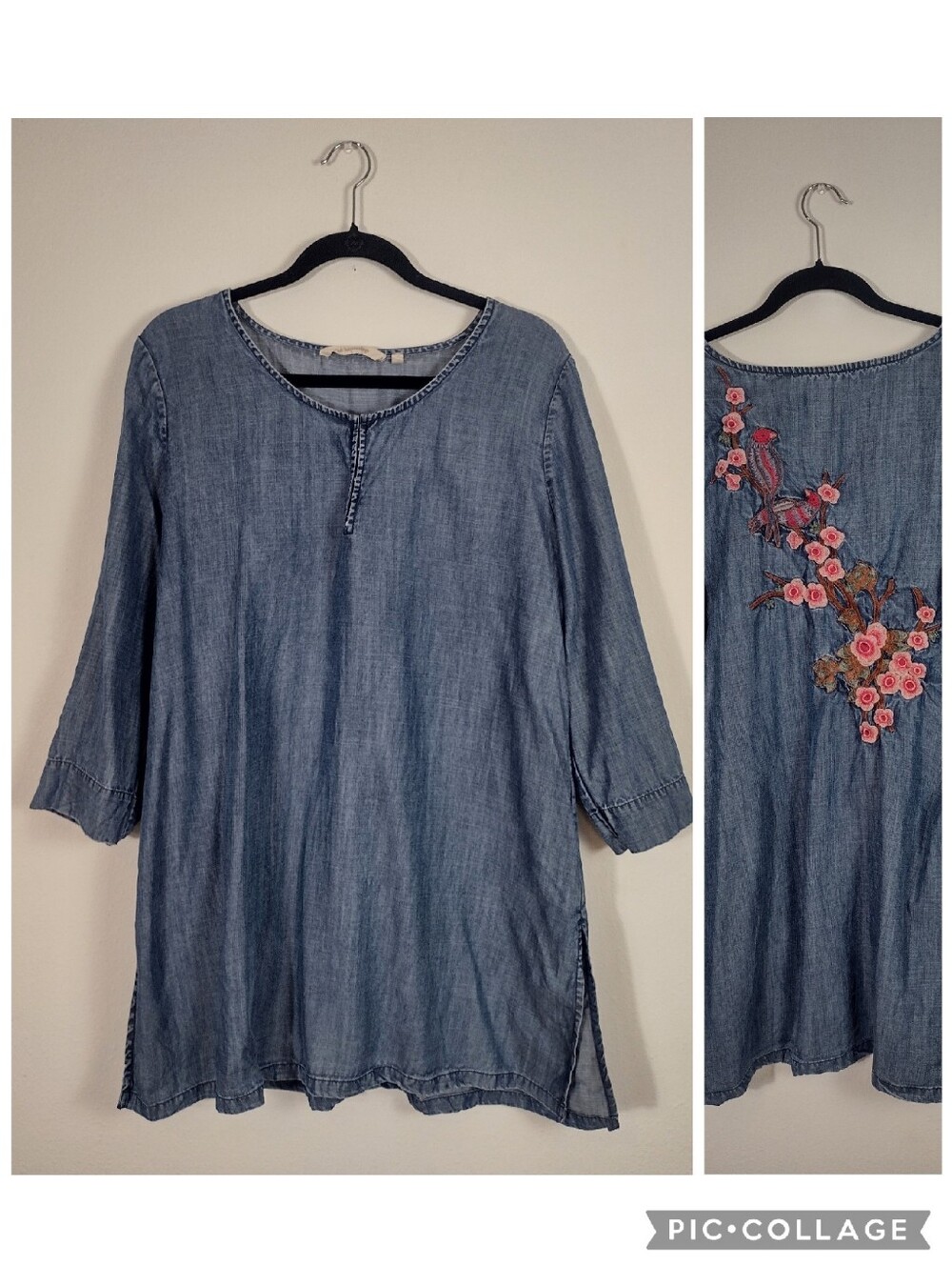 Soft Surroundings Blue Chambray Cherry Blossom Embroidered Tunic Top